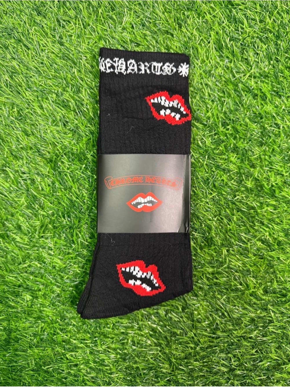 Black Crew Socks with Red Lip Graphic - Unbranded